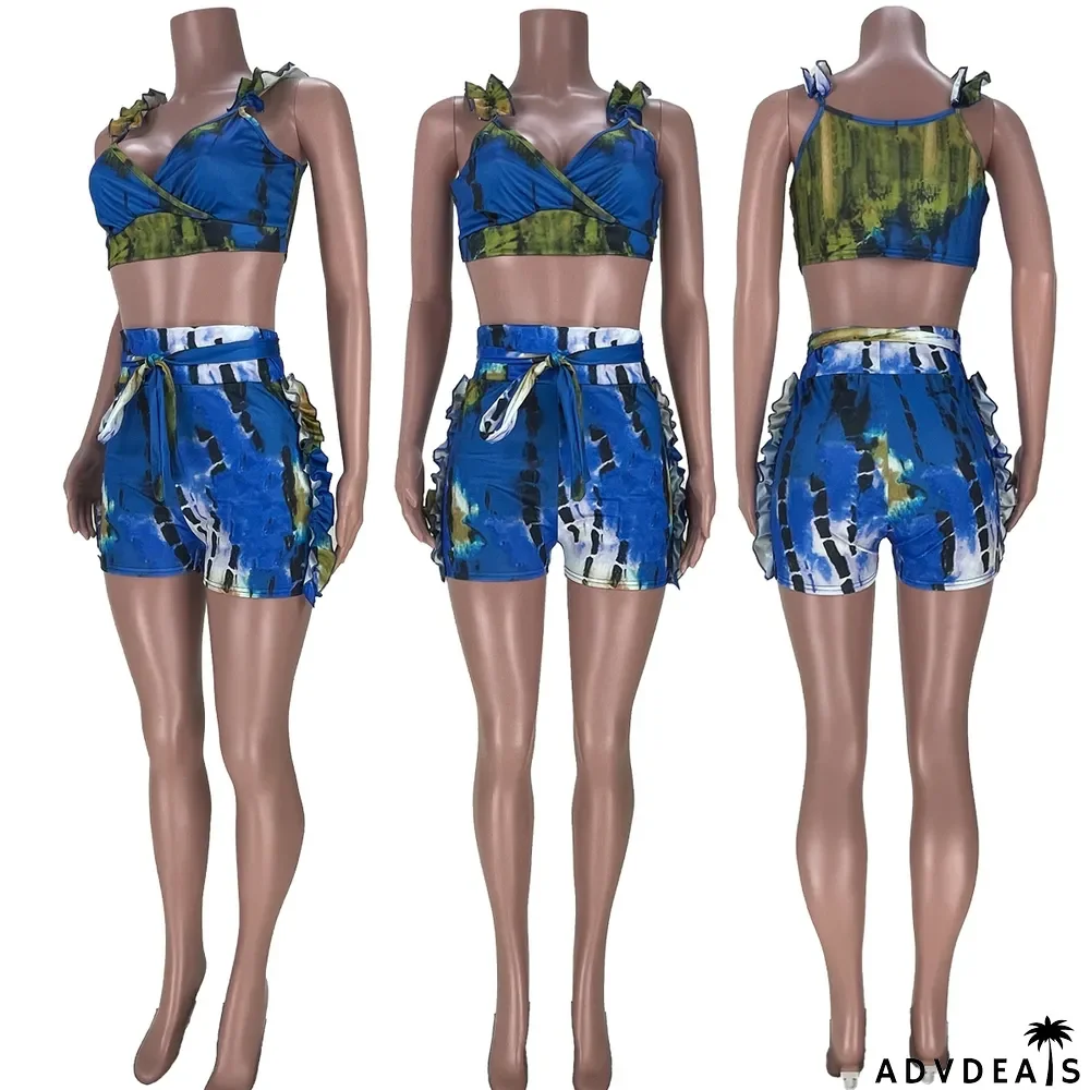 Sexy Printed Ruffled Sleeveless 2 Piece Short Sets