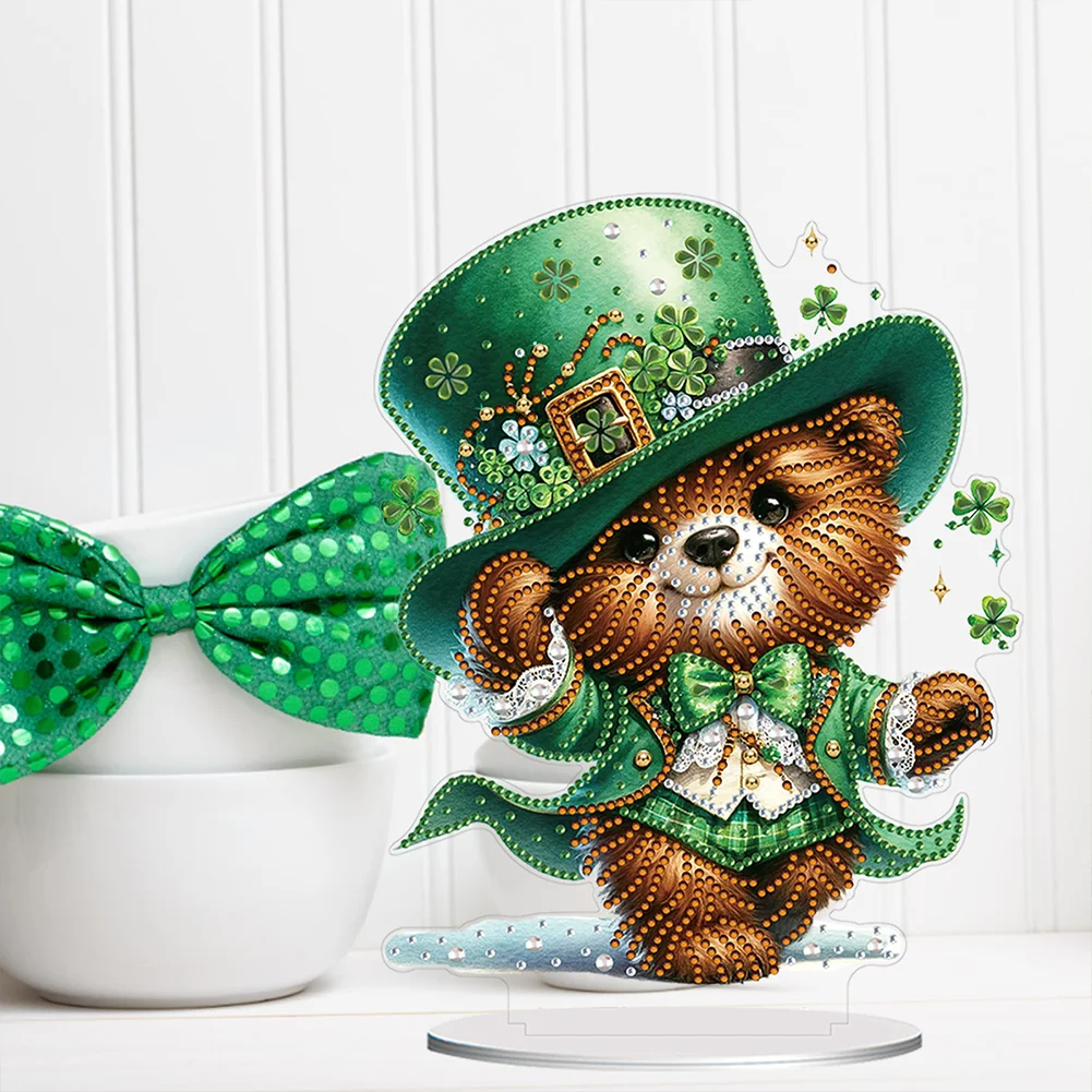 DIY Acrylic St. Patricks Day Bear Special Shape Diamond Painting Tabletop Ornament Creative Home Decor & Gift Idea for Adults - Relaxing Craft Activity