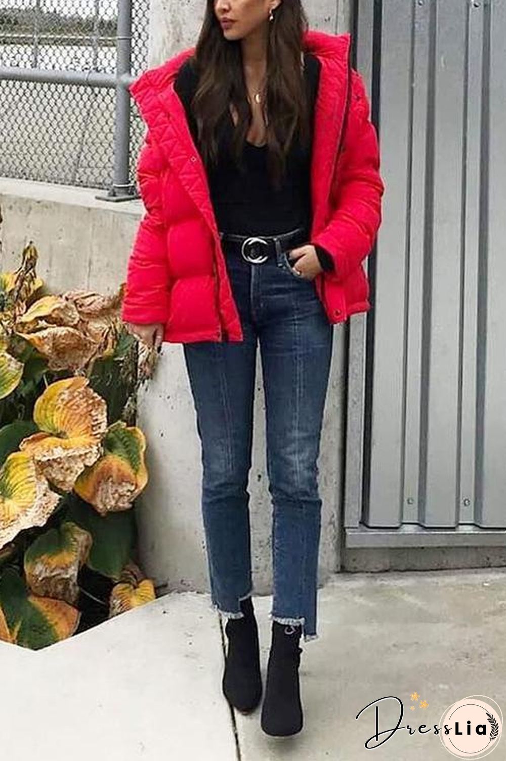 Zipper Button Hooded Coat