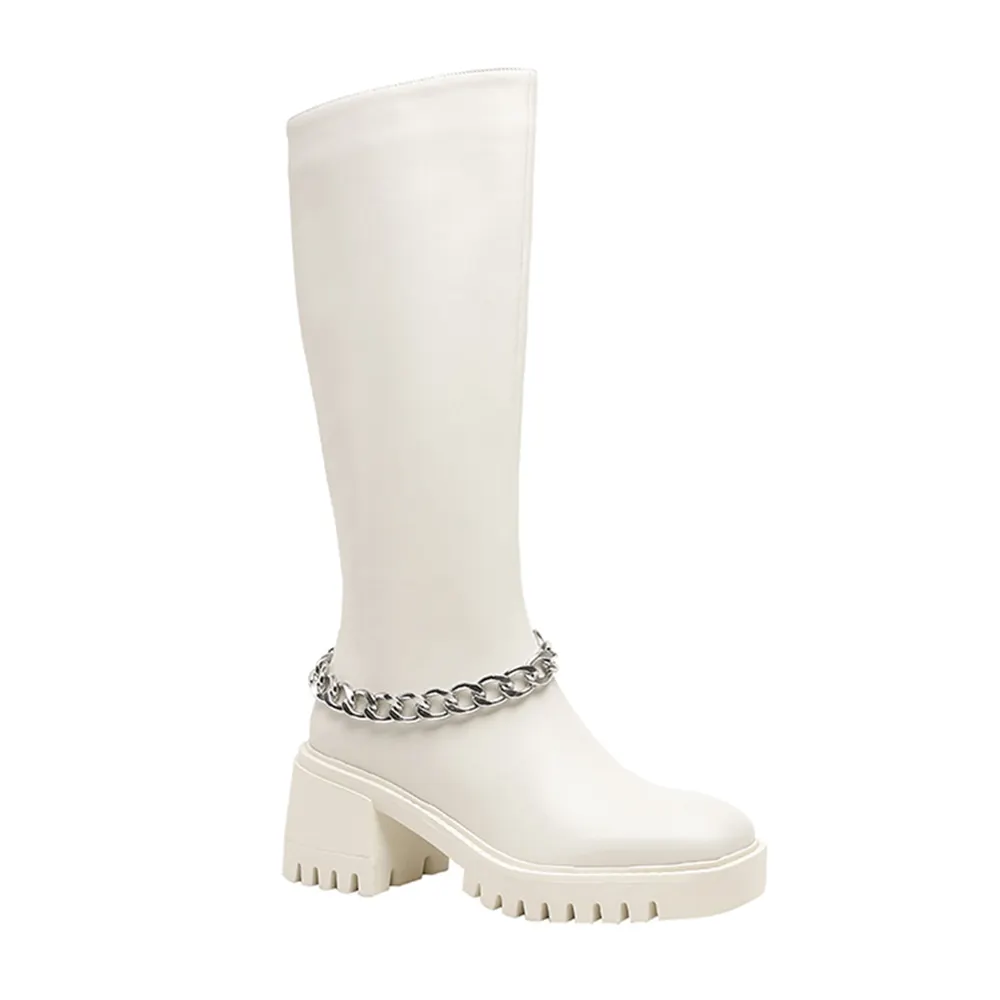 70mm Square Toe Block Heel Chain Rider Boots-vocosishoes
