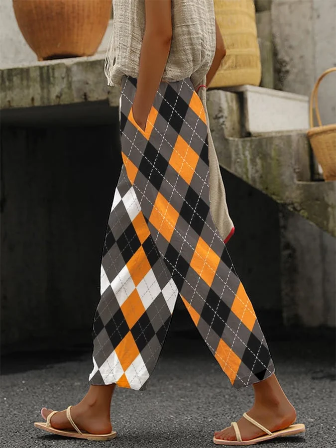 Women's Autumn Pumpkin Plaid Contrast Casual Pants