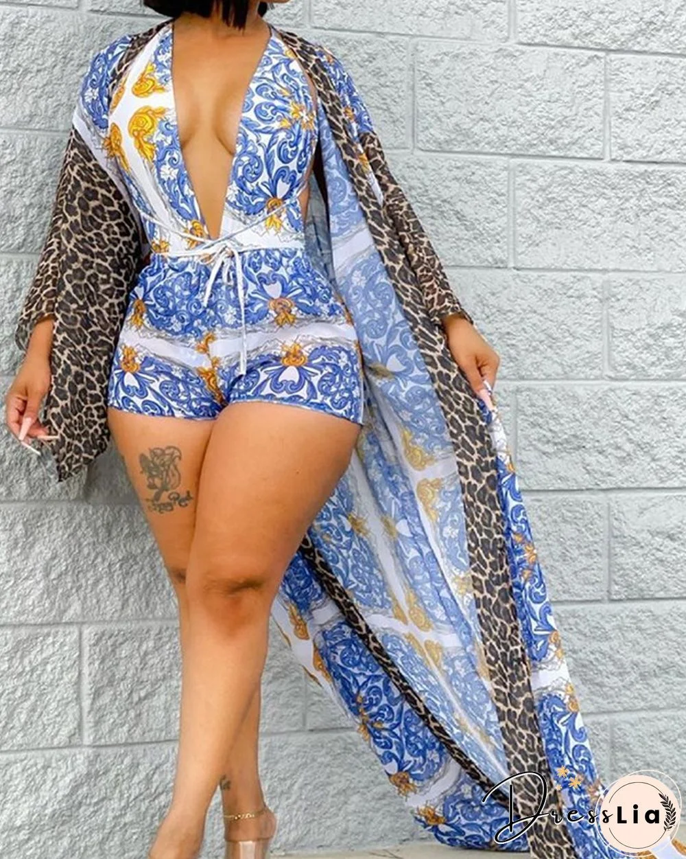 All Over Print Halter Sleeveless Skinny Romper With Coat Suit Sets