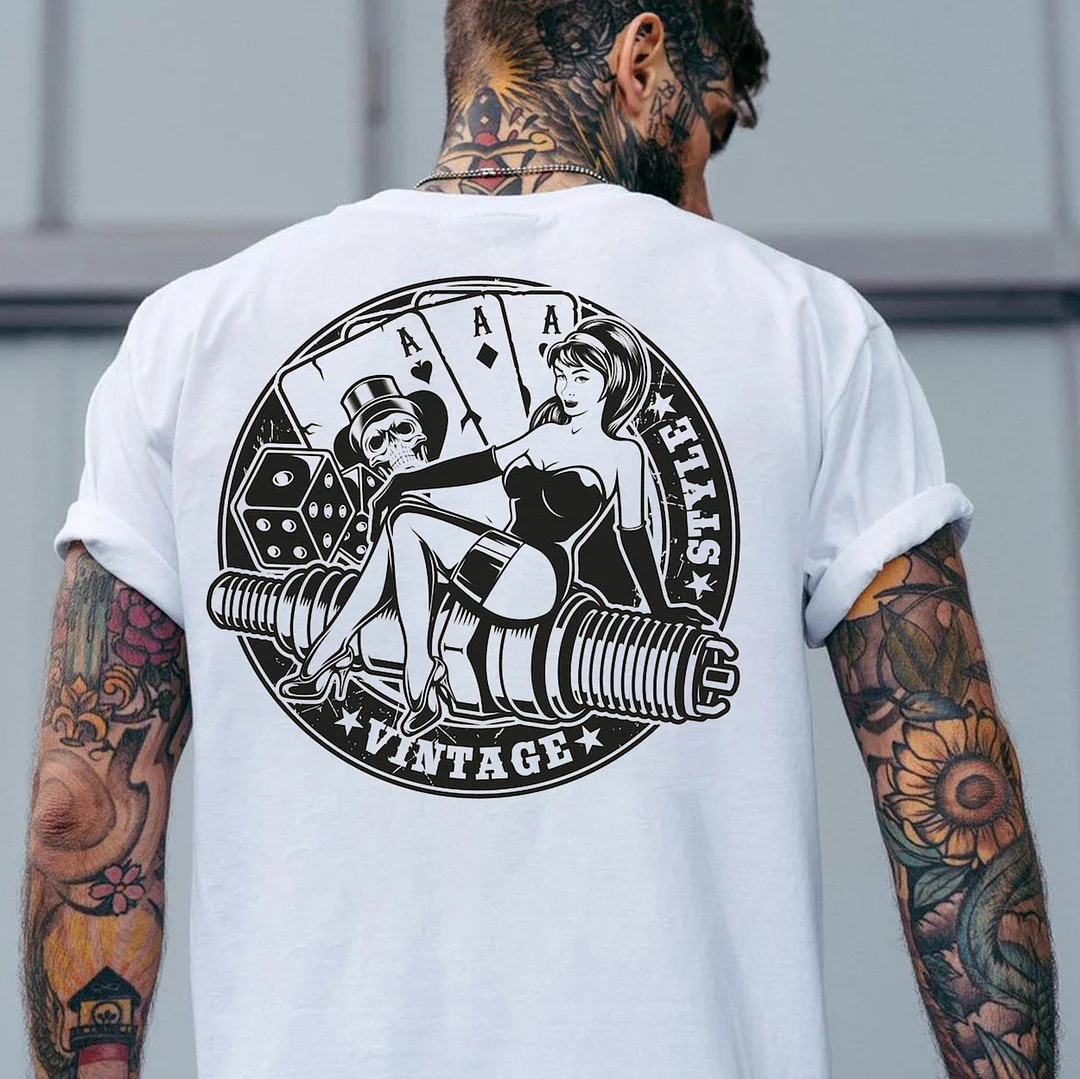 VINTAGE STYLE Sexy Lady Skull Poker White Print T-shirt