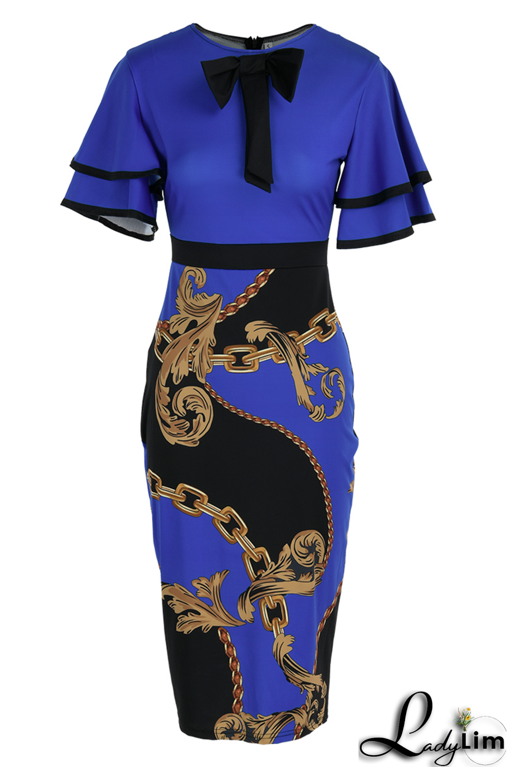 Blue Vintage Print Flounce O Neck Pencil Skirt Dresses