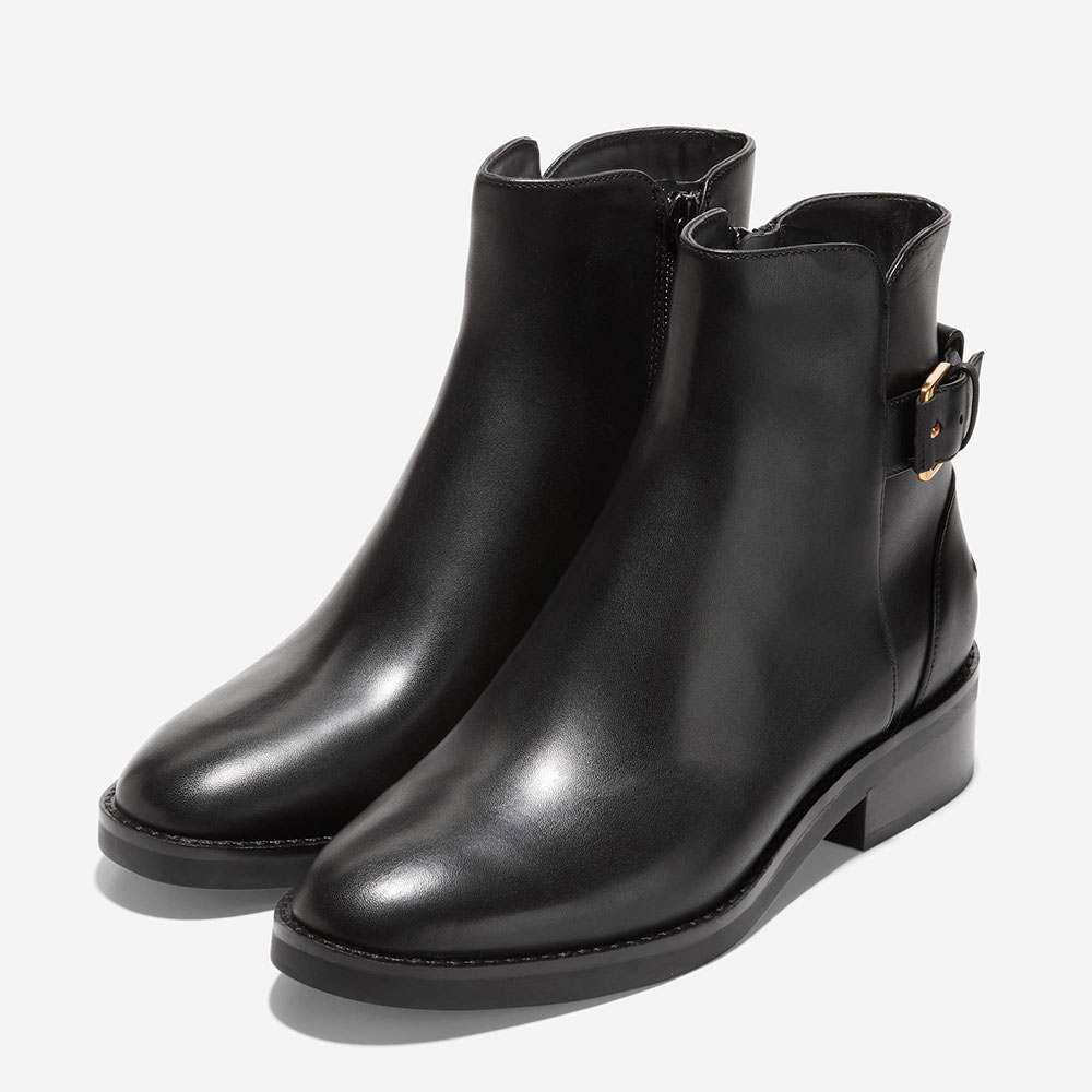 Black Round Toe Low Heel Buckle Strap Zipper Ankle Boots for Women Nicepairs