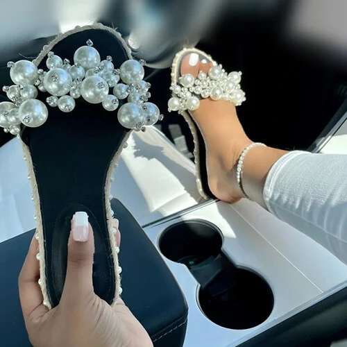 Women Pearl Crystal Slippers Female Hemp Casual Slides Ladies Open Toe Flats Women's Summer Beach Comfortable Shoes Plus Size