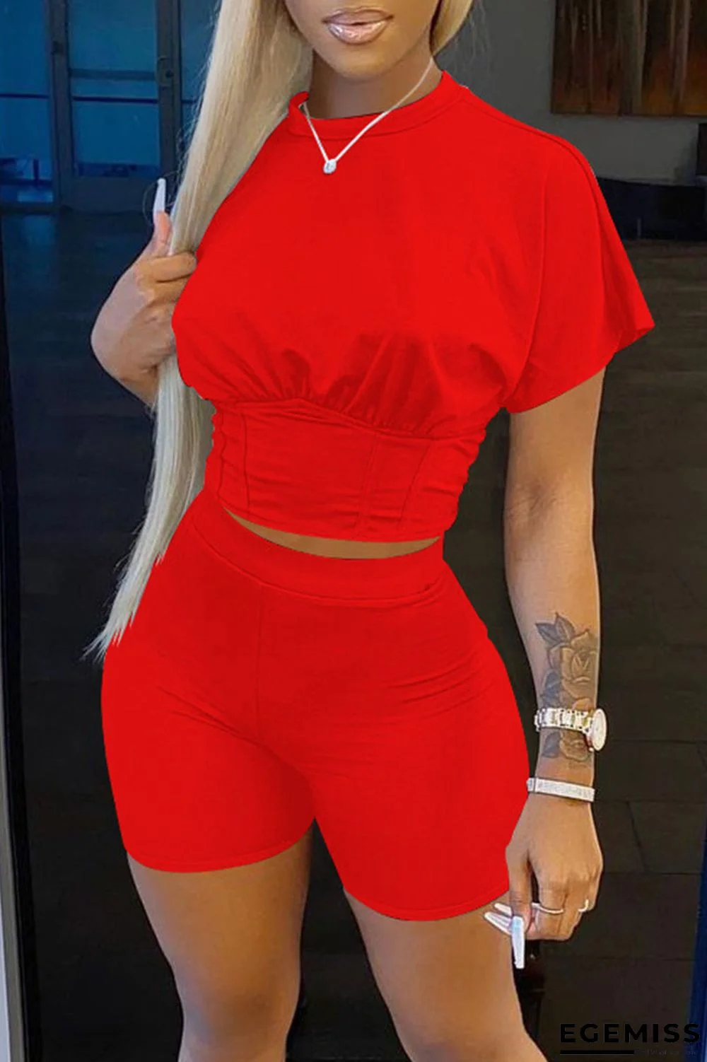 Red Casual Solid Patchwork O Neck Short Sleeve Two Pieces | EGEMISS