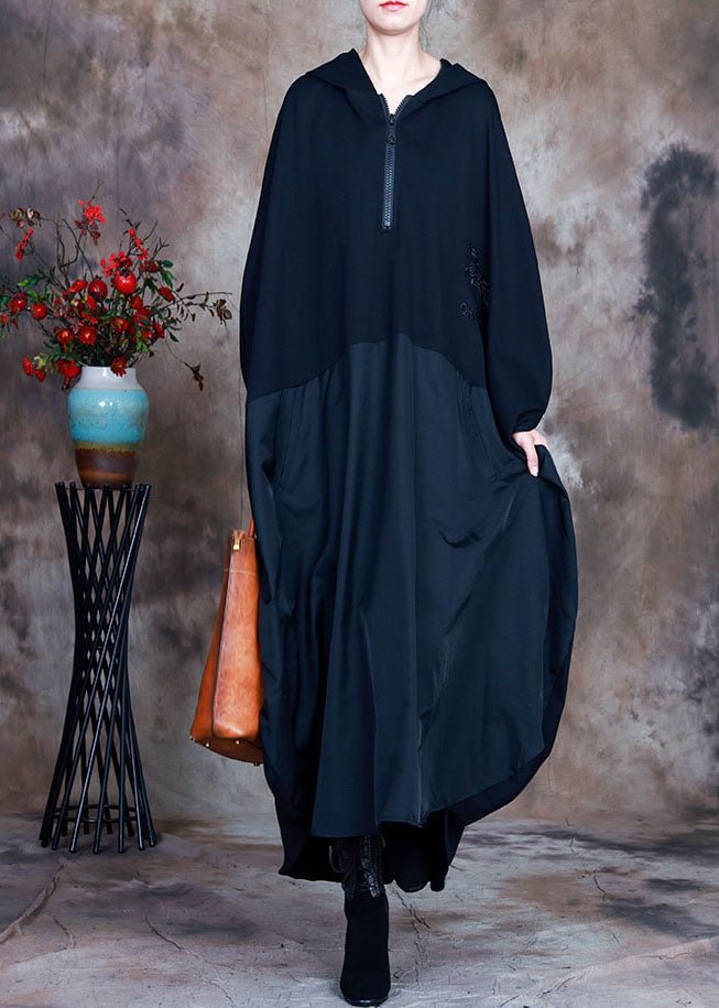 Simple Black fashion hooded Patchwork asymmetrical design Fall Maxi Dresses
