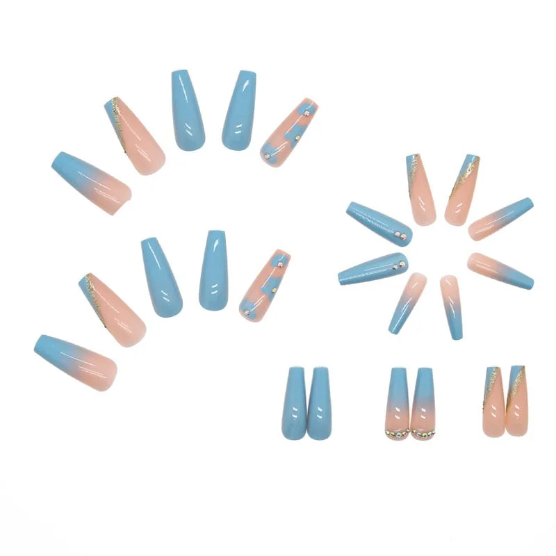 24pcs French False Nails Detachable Gradient Blue Flower Wedding Bride Ballerina Nail Art Tips with Sticker Coffin Fake Nails-Nail Inspo