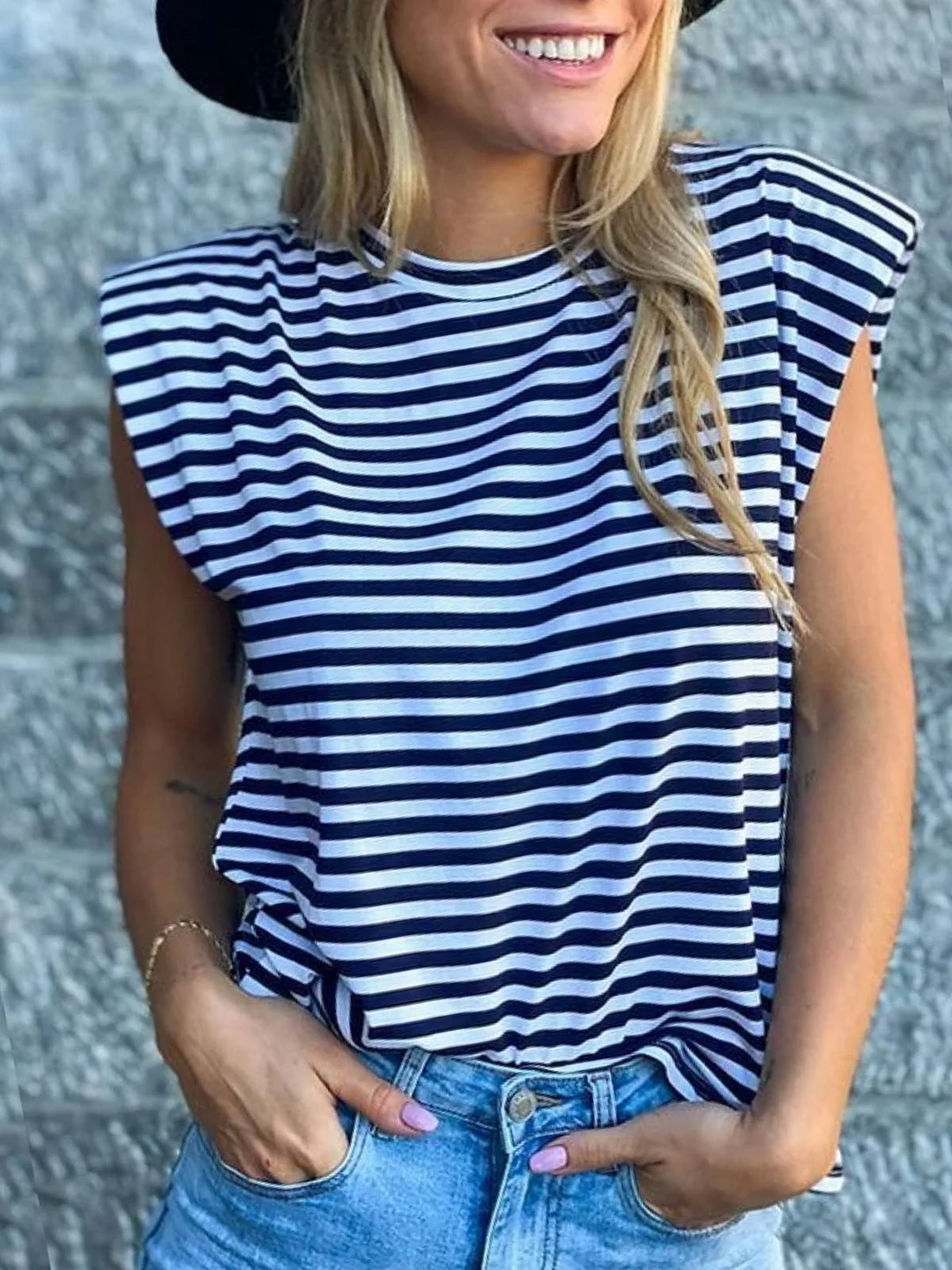 Sleeveless Crew Neck Stripes Cotton-Blend Shirts & Tops