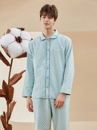 Regular Fit Simple Regular Sleeve Shawl Collar Plaid Pants men's pajamas Set