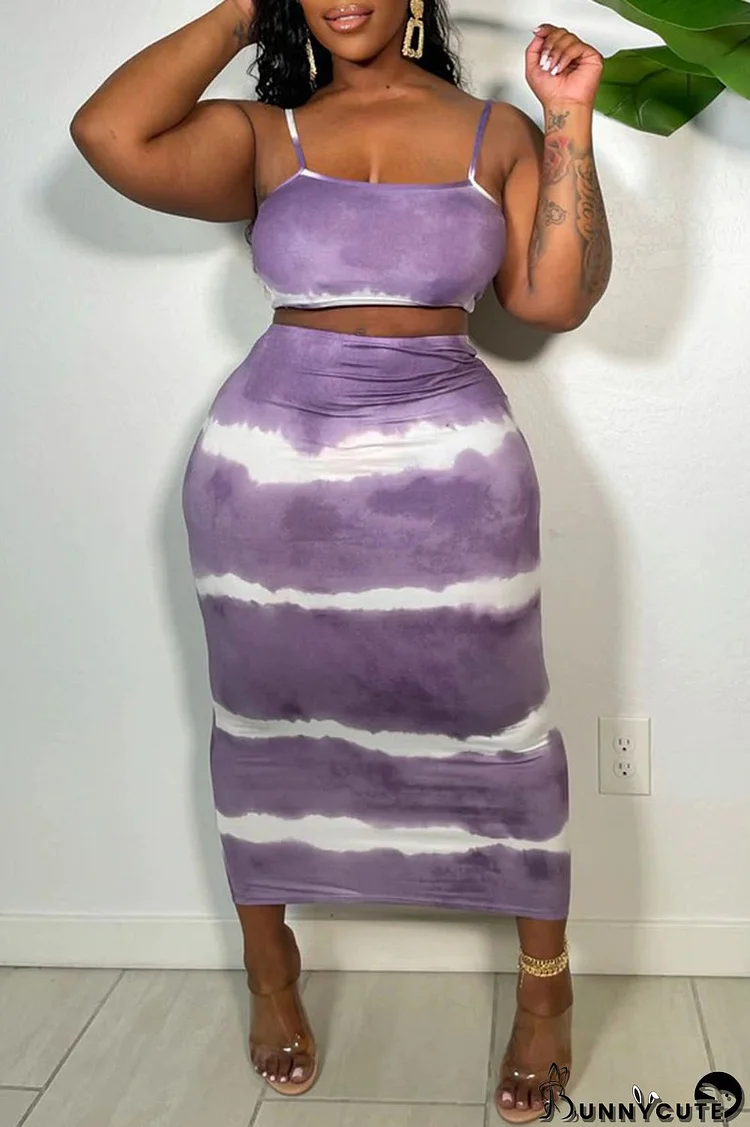 Purple Fashion Sexy Print Backless Spaghetti Strap Sleeveless Two Pieces