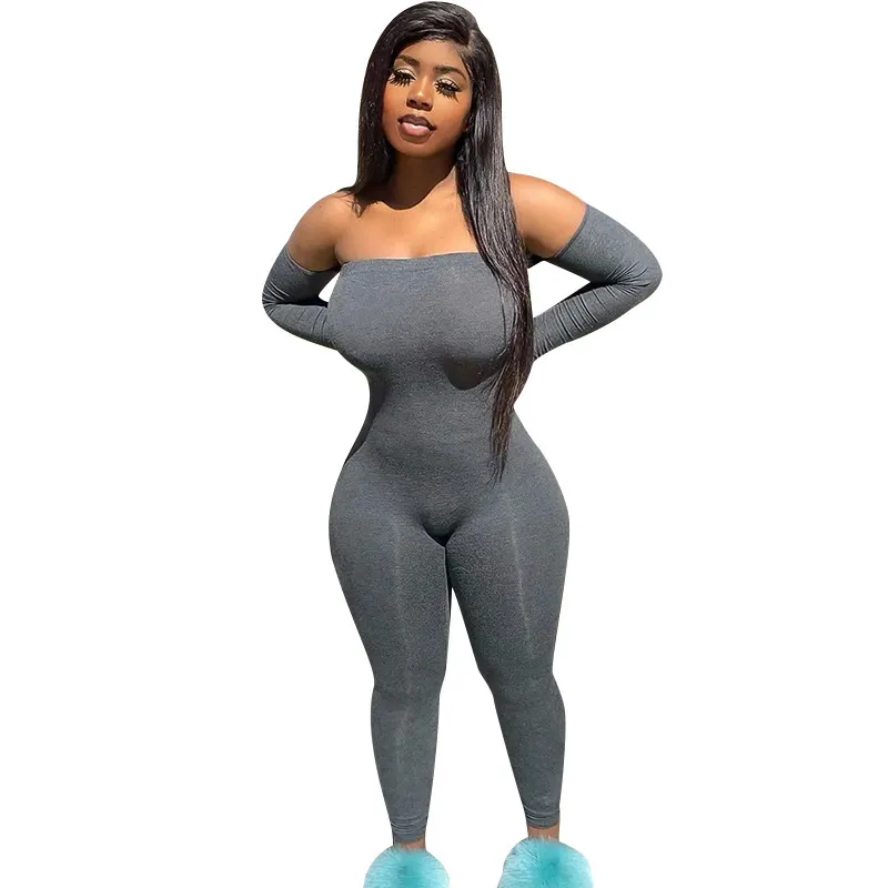 Uveng Uveng Supply Of Women's Clothing Clean Color Shoulder Long-Sleeved Hips Feet Casual Fashion Conjoined Trousers