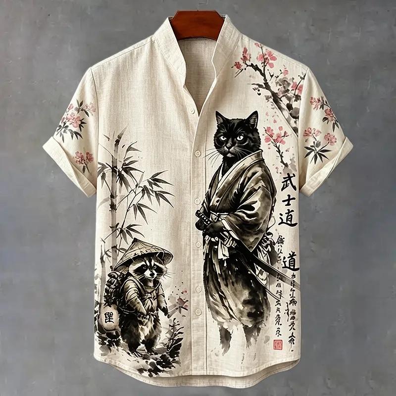 Men's Black Cat Samurai And Raccoon Japanese Ink Painting Flowy Linen Blend Casual Shirt  artssus