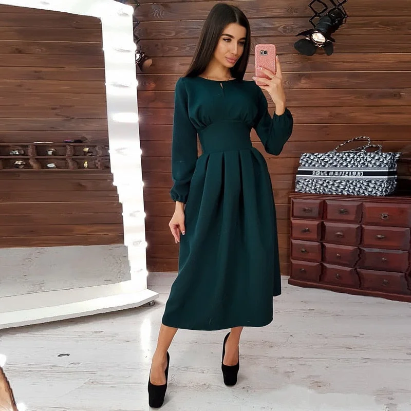 Women Vintage Front Hollow Out A-line Party Dress Long Sleeve O neck Solid A-line Party Dress 2019 Winter Fashion Women Dress