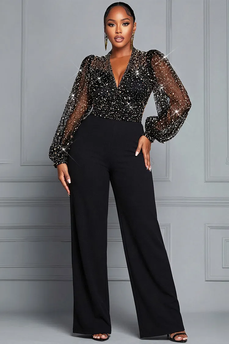 Xpluswear Design Plus Size Cocktail Party Black V Neck Long Sleeve Foil Print See Through Tulle Jumpsuits [Pre-Order] 2024 - Xpluswear