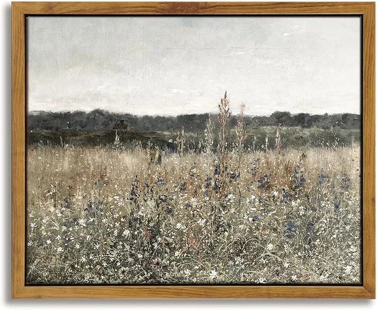 InSimSea Framed Canvas Wall Art Vintage Decor, Large Wall Art, Meadow with Flowers Landscape Wall Art Prints Decor, Modern Farmhouse Decor, Cottagecore Bedroom Bathroom Office Decor