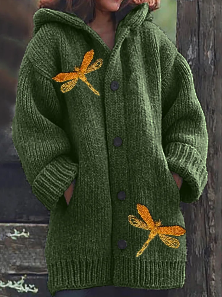 VChics Dragonflies Crochet Cozy Knit Hooded Cardigan