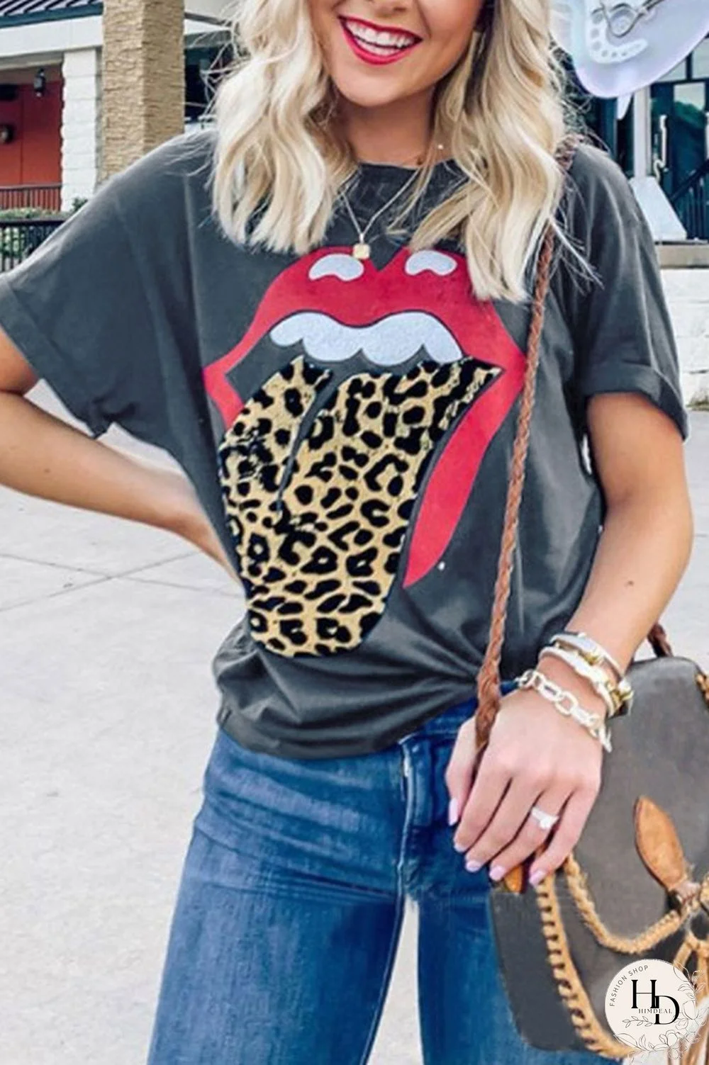 Grey White Black Grey O Neck Short Sleeve Patchwork Print Slim fit Lips Print Tops