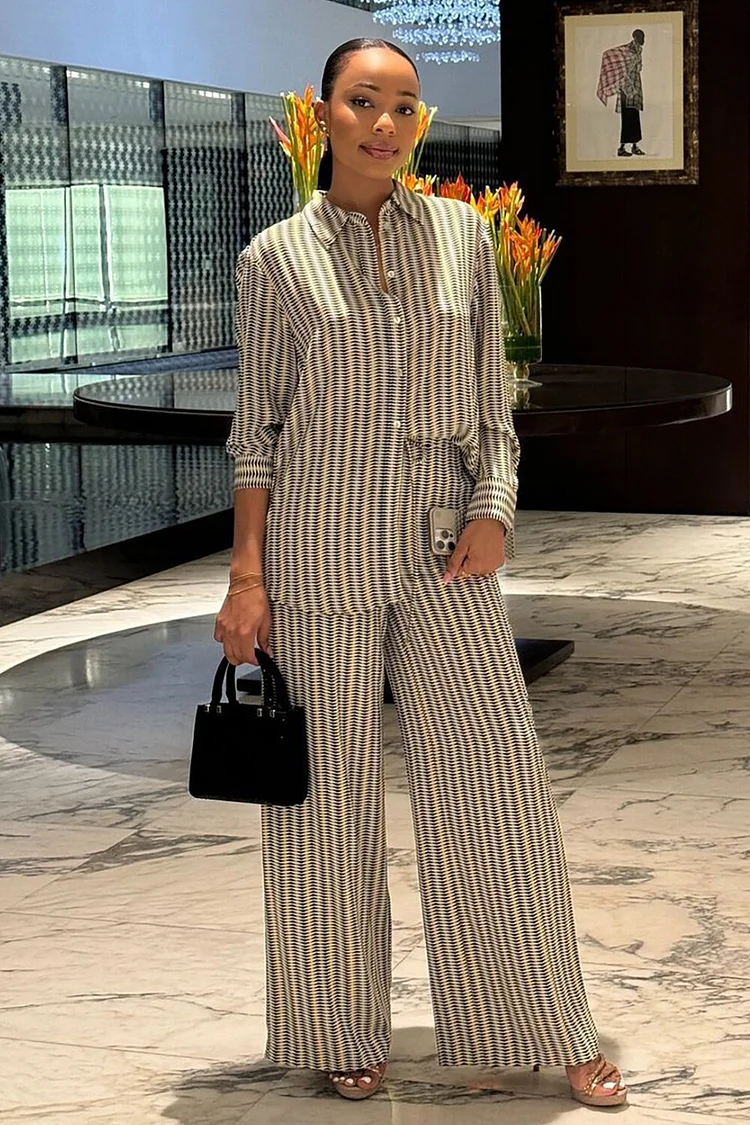 Geometric Print Striped Long Sleeve Blouse Wide Leg Pants 2pcs Set-Green