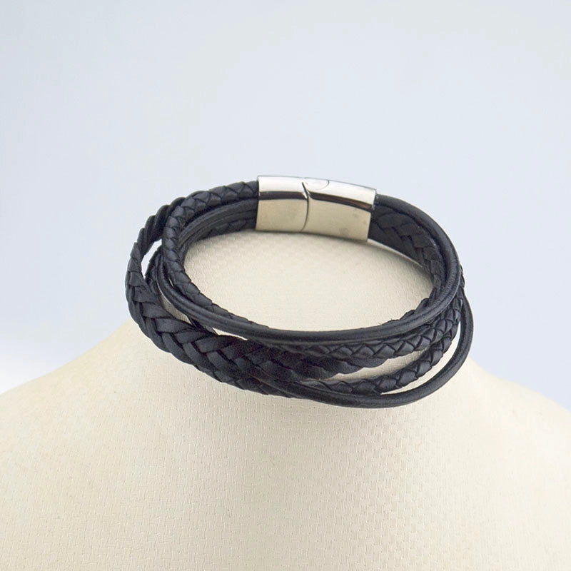Casual Retro Solid Color 304 Stainless Steel Pu Leather Braid Handmade Men’s Wristband