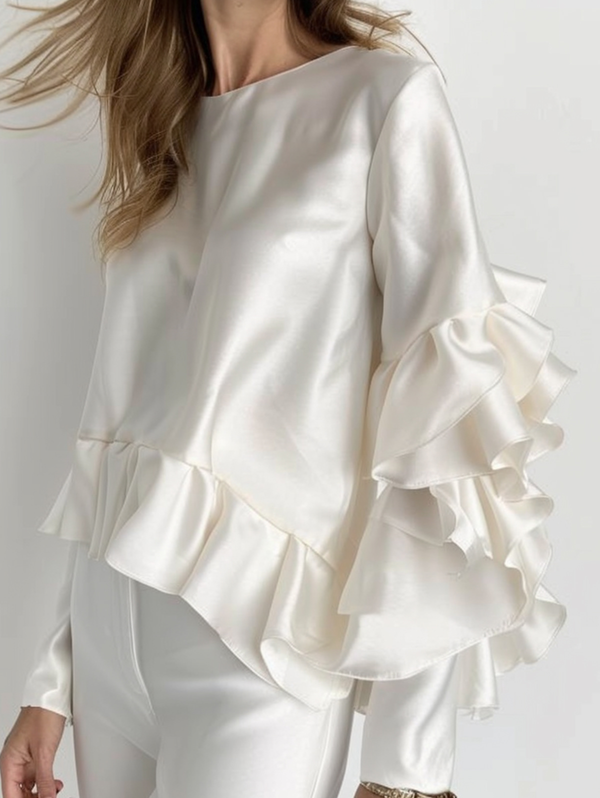 Ursime Crew Neck Ruffle Tiered Long Sleeve Blouse