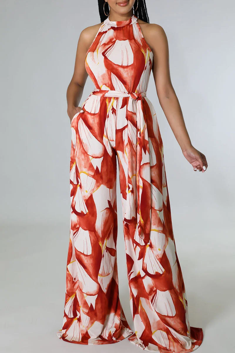 Casual Print Bandage Split Joint O Neck Straight Jumpsuits