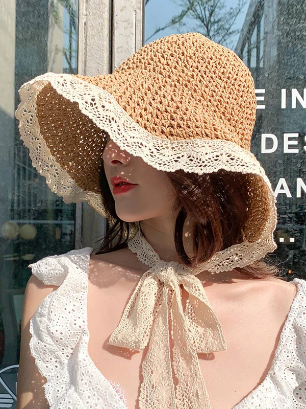 Sunscreen Solid Color Split-Joint Lace Straw Woven Breathable Beach Hat