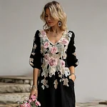 Bohemian Style Plant Flower And Butterfly Pattern Embroidery Women's Cotton And Linen Dress - Image 3