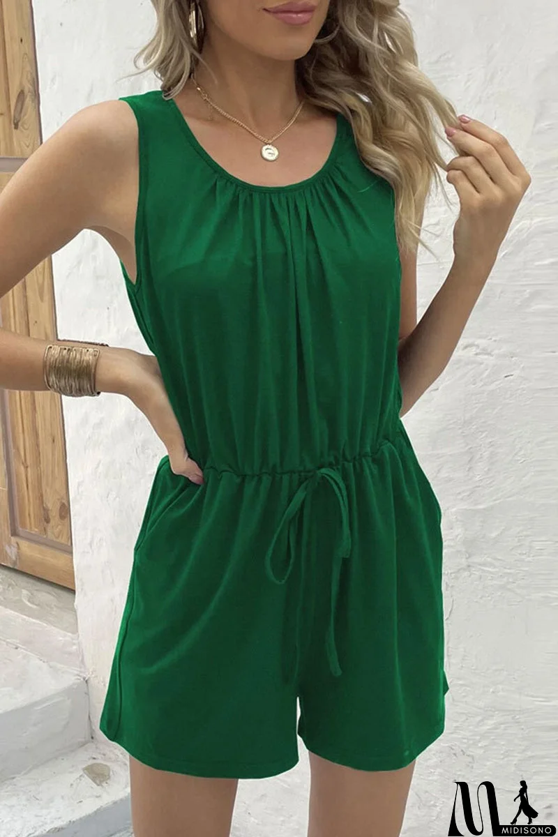 MidiSono - Casual Simplicity Solid Draw String Pocket O Neck Rompers