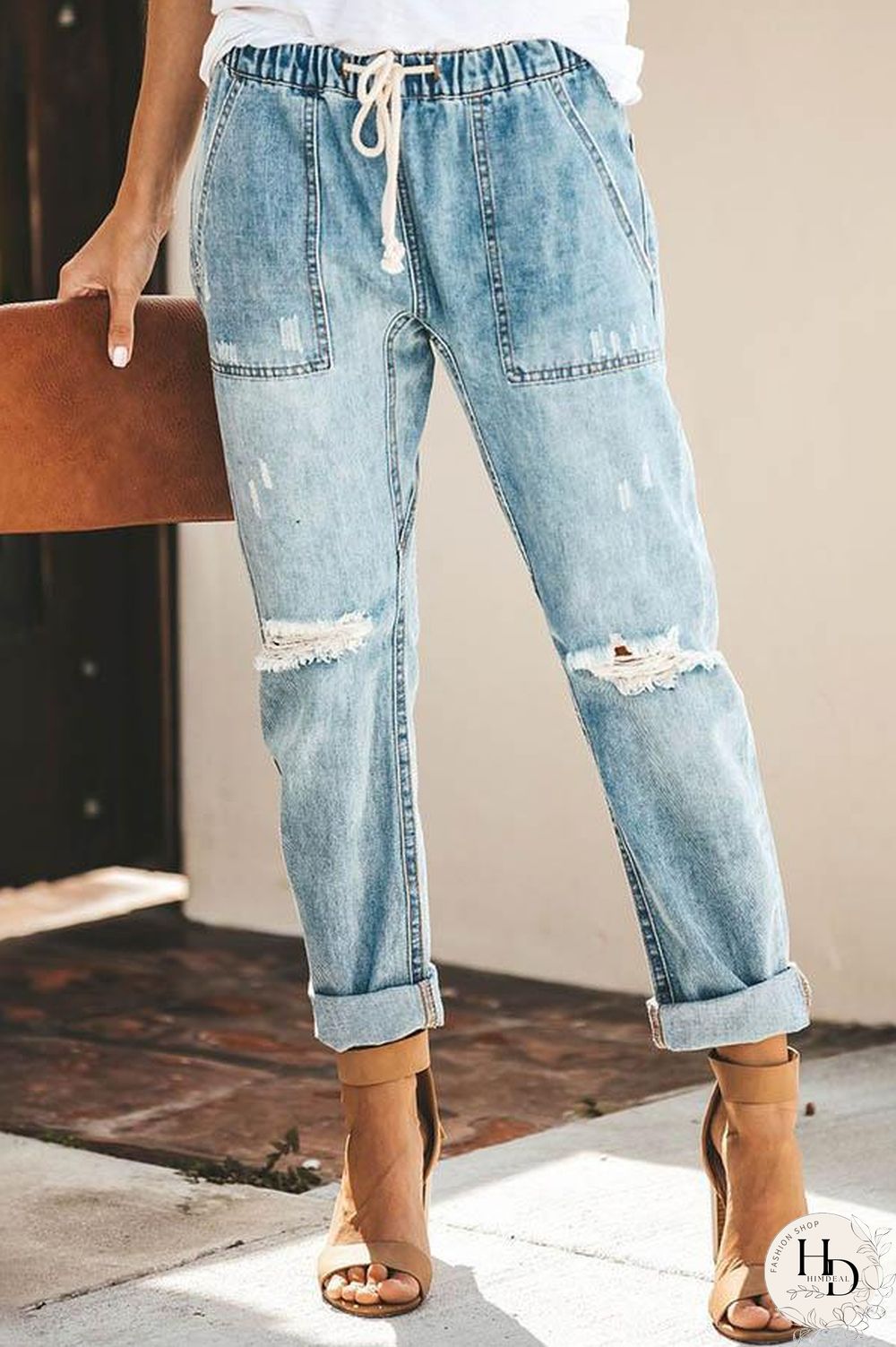 Drawstring Casual Blue Mom Jeans P11310