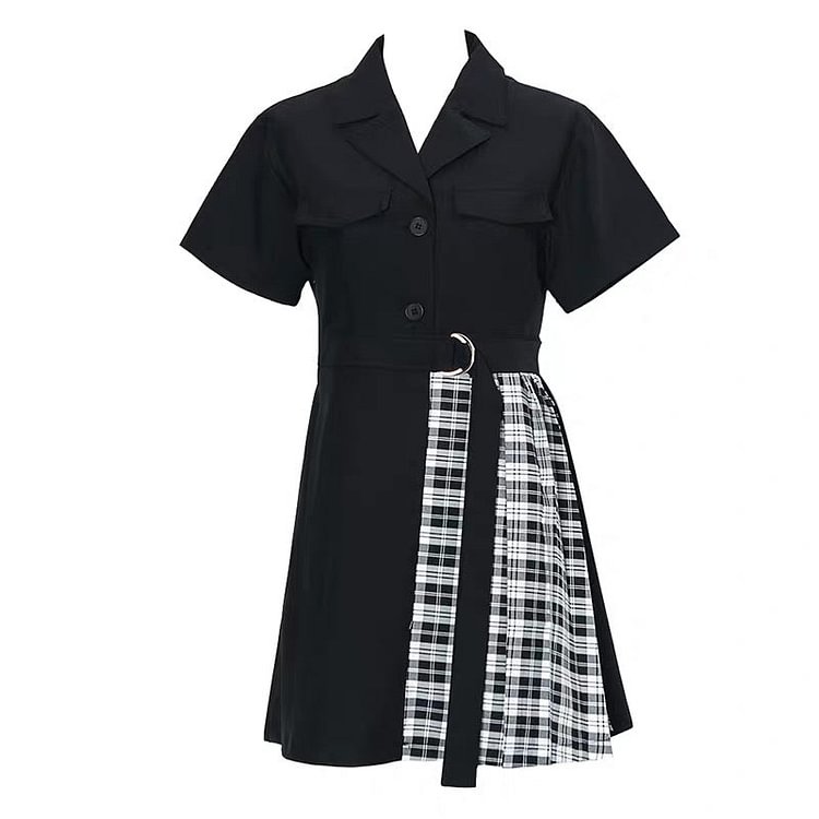 Suit Collar Irregular Stitching Plaid Dress