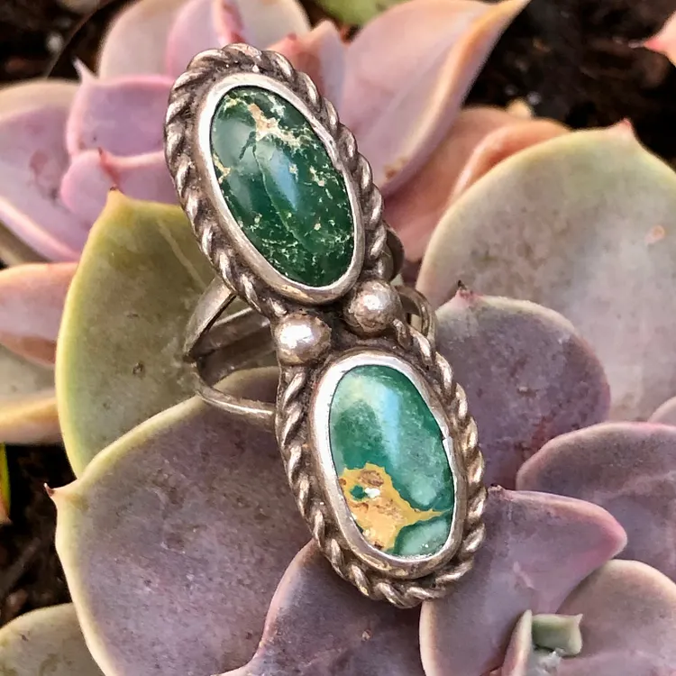 Navajo Double Stone Hachita Mine Turquoise Ring Size 6