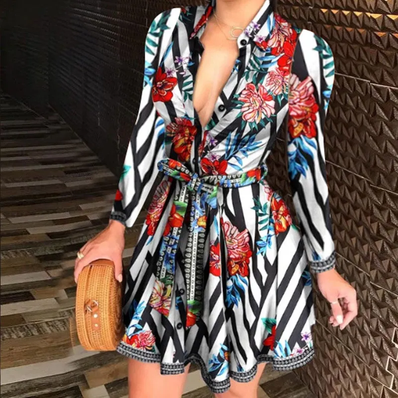 Sexy Women Deep V-neck Mini Dress Spring Autumn Long Sleeve Floral Print Dresses Laides High Waist Party Dresses Clubwear
