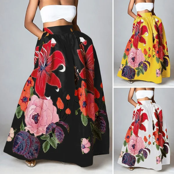 Fashion Women Floral Printed Maxi Skirt High Waist Party Casual Umbrella Long Skirt Dress Plus Size