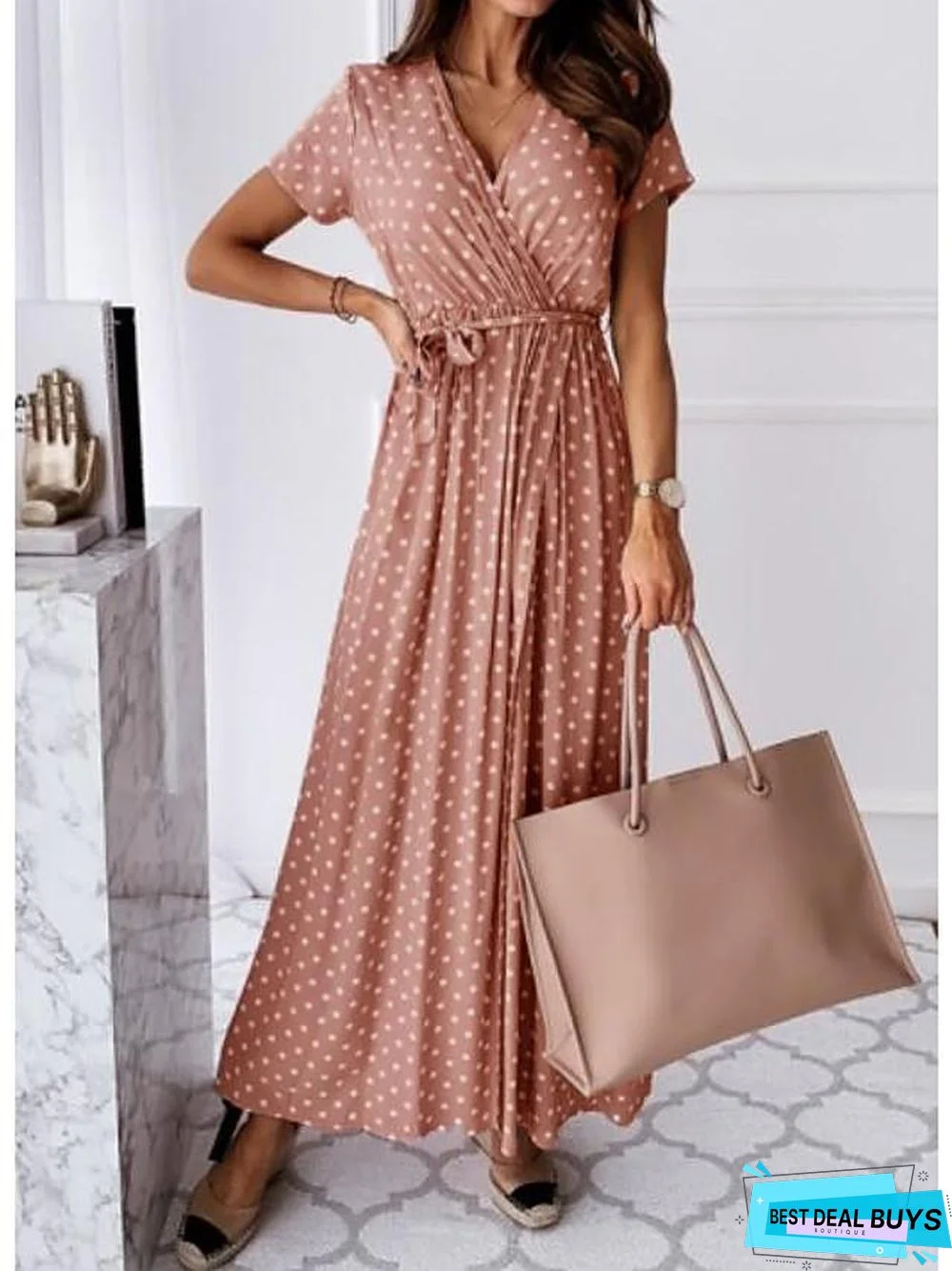 Women's Wrap Dress Maxi Long Dress - Short Sleeve Polka Dot Print Summer V Neck Hot Casual Sexy Black Blue Blushing Pink Dark Green Black Dresses