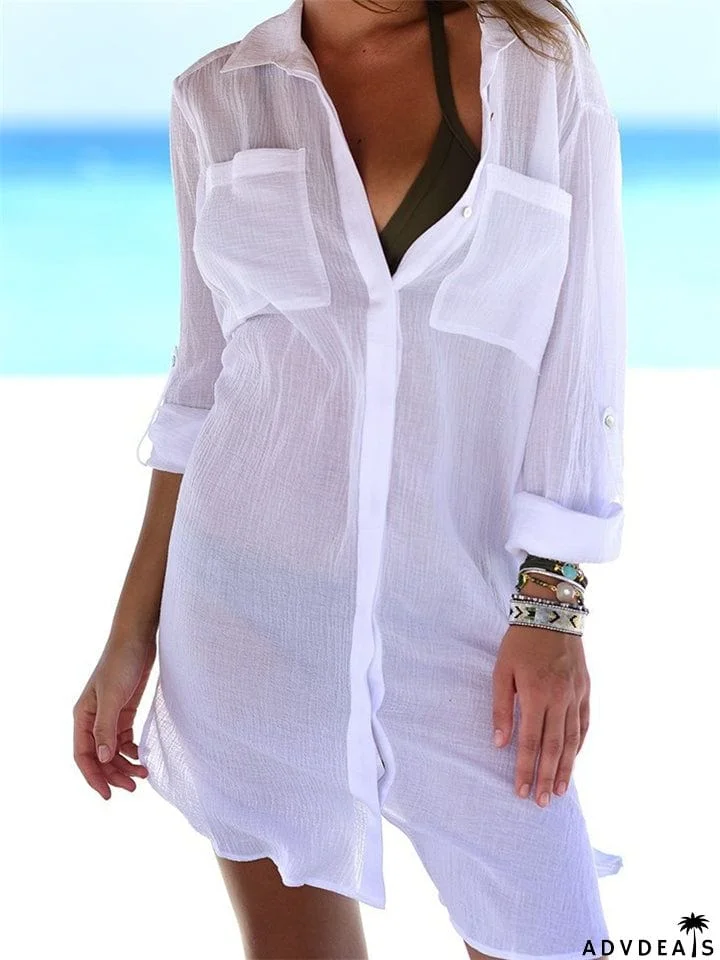 Semi-Sheer Side Slit Curved Hem Chest Pocket Classic Collar Thigh-Length Beach Blouse