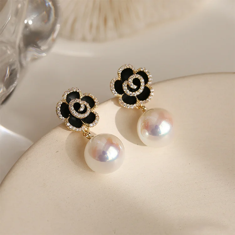Crystal Pearl Camellia Earrings