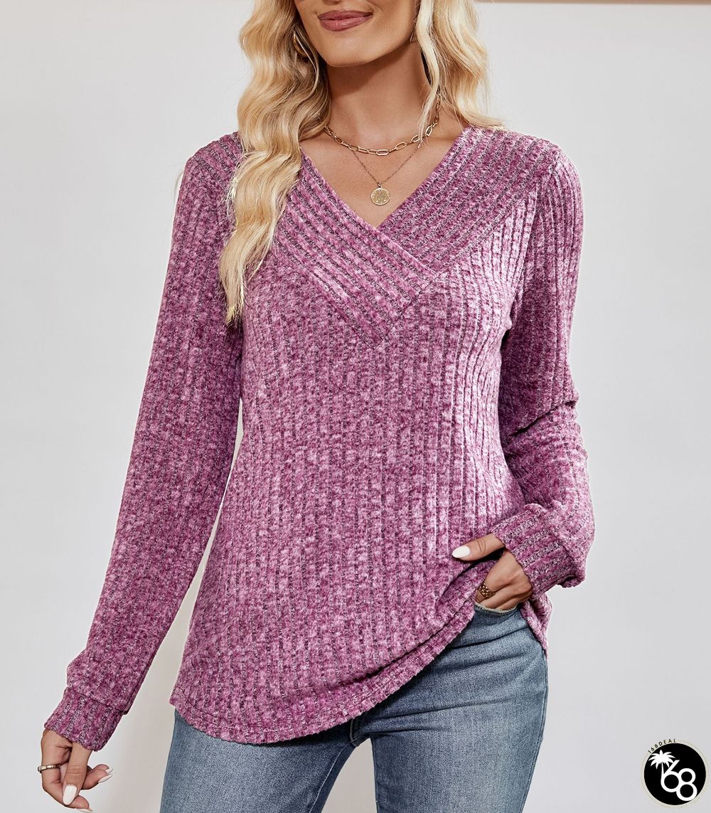 Women's Solid Color Rib Fabric Long-sleeved T-shirt Blouses | 168DEAL