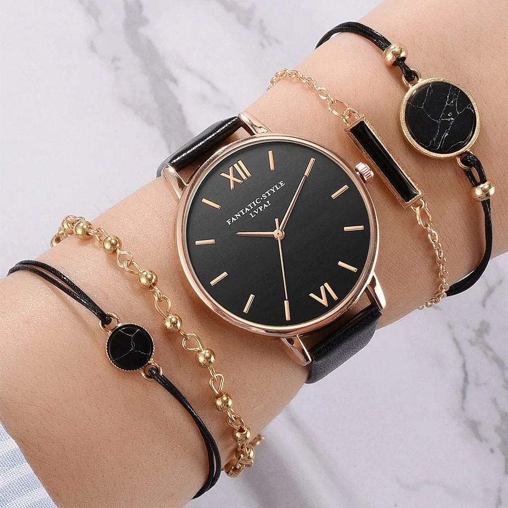 5pcs Set Top Style Fashion Women's Luxury Leather Band Wristwatch