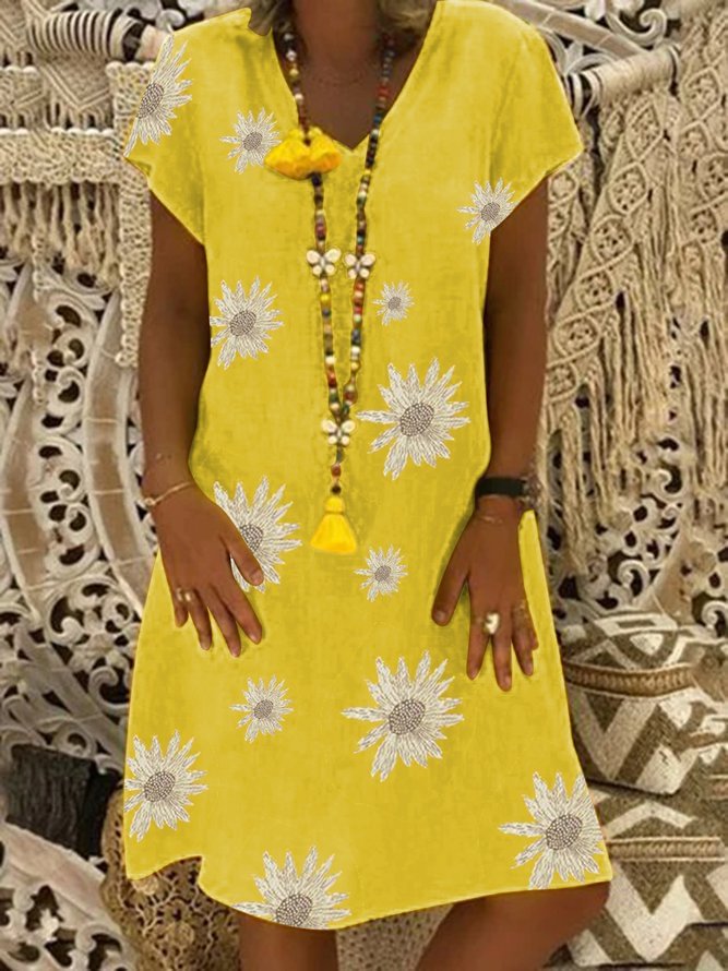 Casual Short sleeve sunflower print A-line dress D126- Fabulory