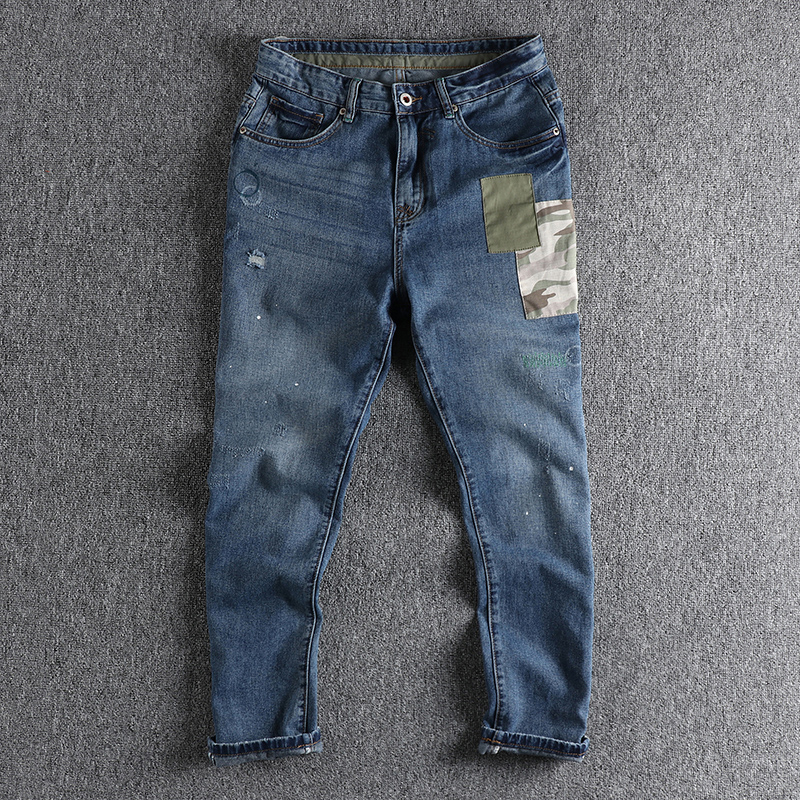 All-match Patch Washed Distressed Whiskers Ripped Jeans