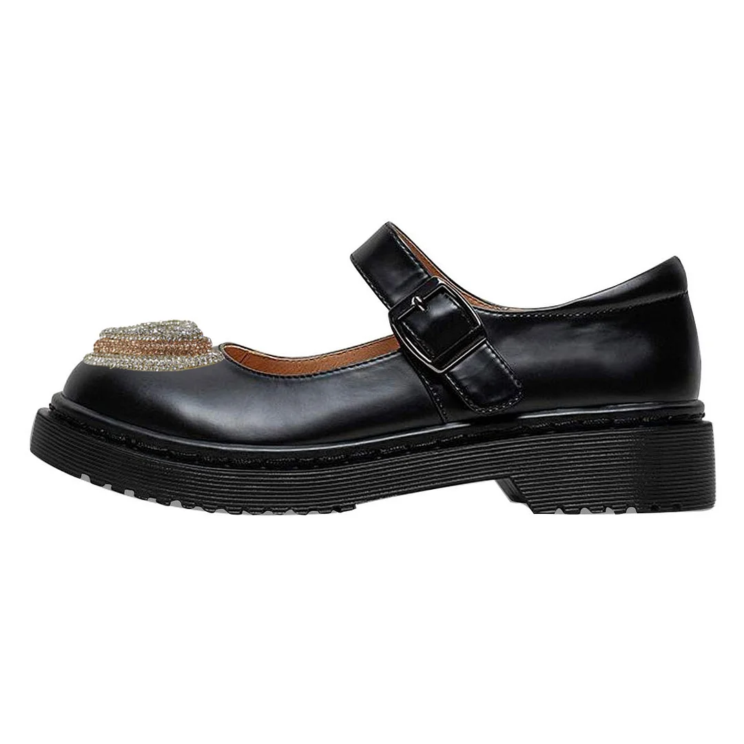 Black Round Toe Rhinestone Embellished Heart Inlay Mary Janes 