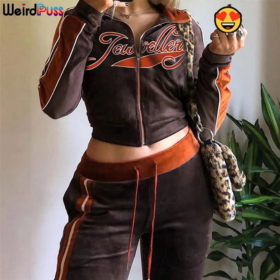 Weird Puss Women Tracksuit Embroidery Letter Velvet 2piece Set Fitness Zip Sweatshirt+Sporty Sweatpants Matching Activity Outfit