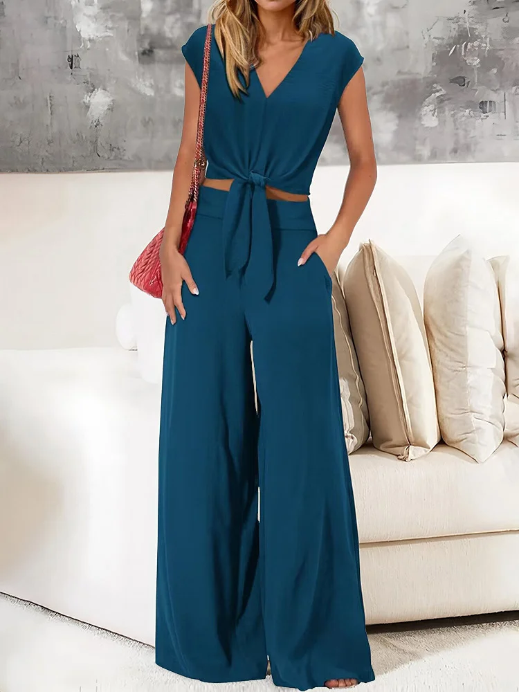 Athvotar Athvotar Women's Clothing 2025 New Summer V Tie With Open-Vum Wide Leg Trousers Casual Fashion Set