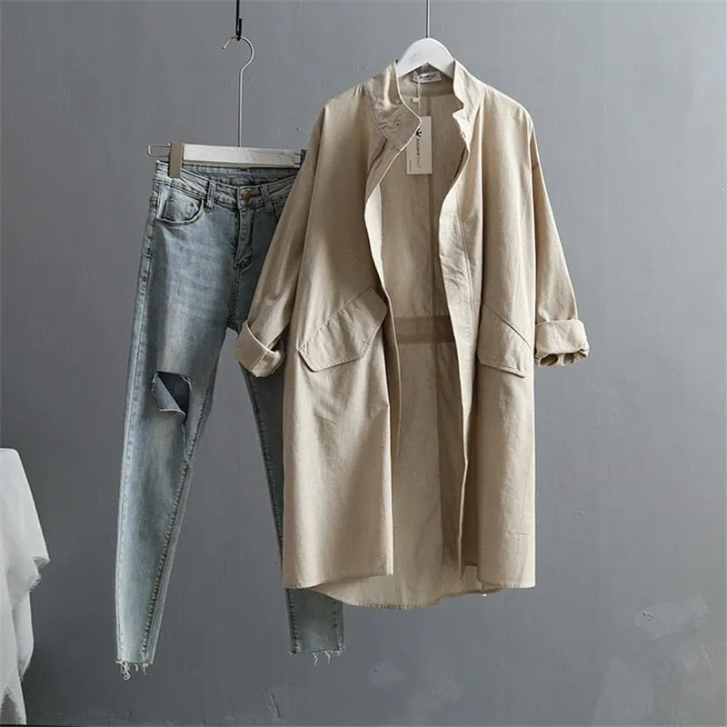Summer Cotton Linen Women's Trench Coat 2021 New Korean Version Long Sleeved Large Plus Size Loose Women Trenchs Coats