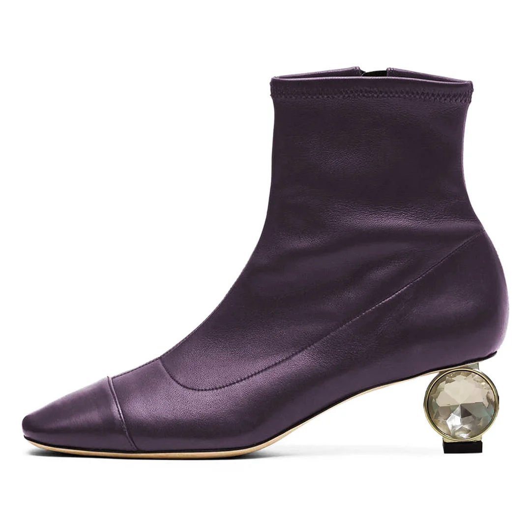 Purple Side Zipper Square Toe Crystal Decorative Heel Ankle Boots