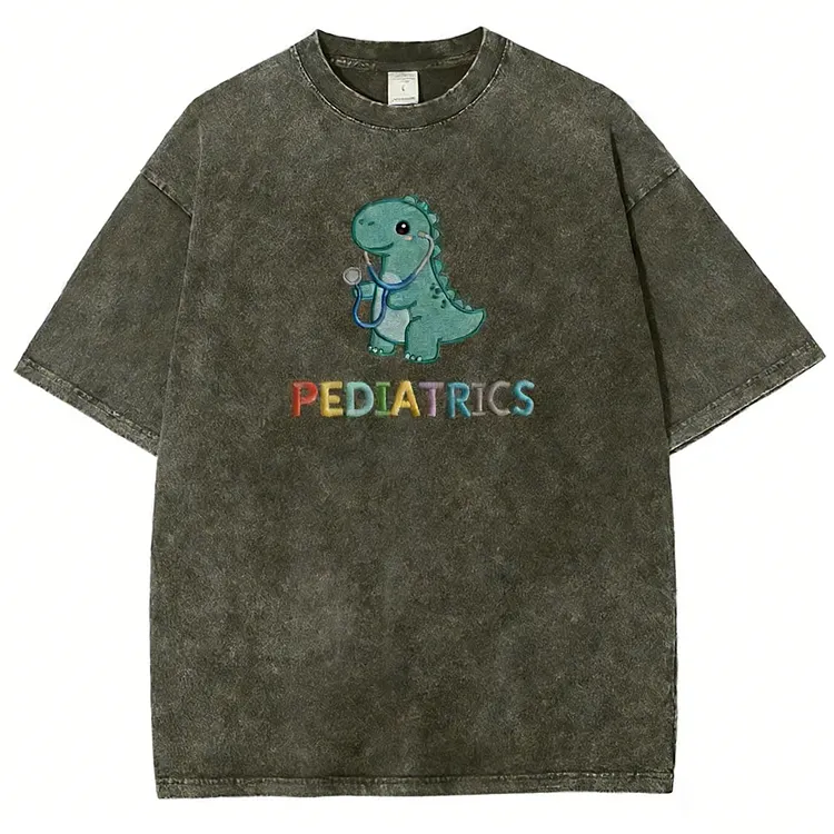Dinosaur Pediatrics Nurse Embroidered Unisex Fit Washed T-shirt