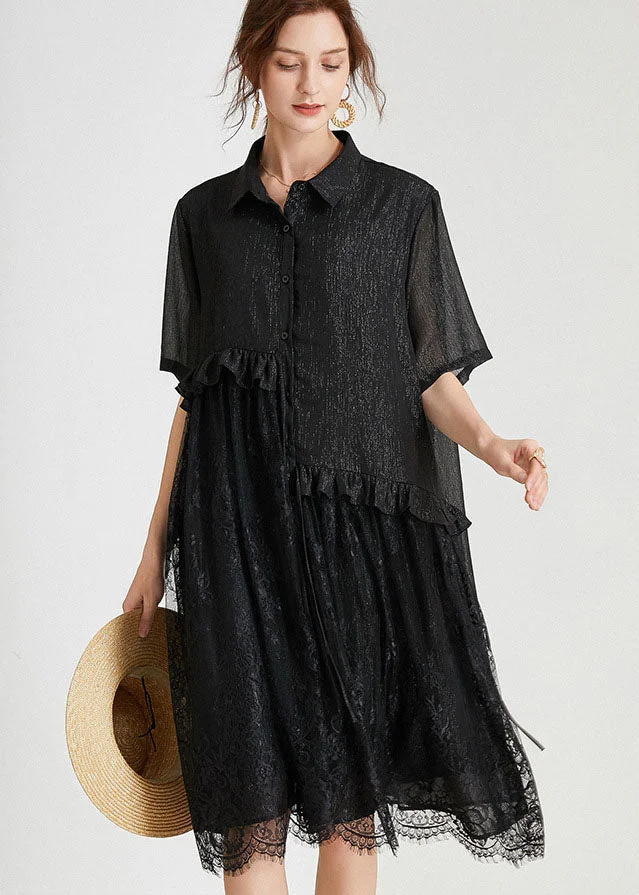 Loose Black Ruffles Lace Patchwork Chiffon Dress Summer