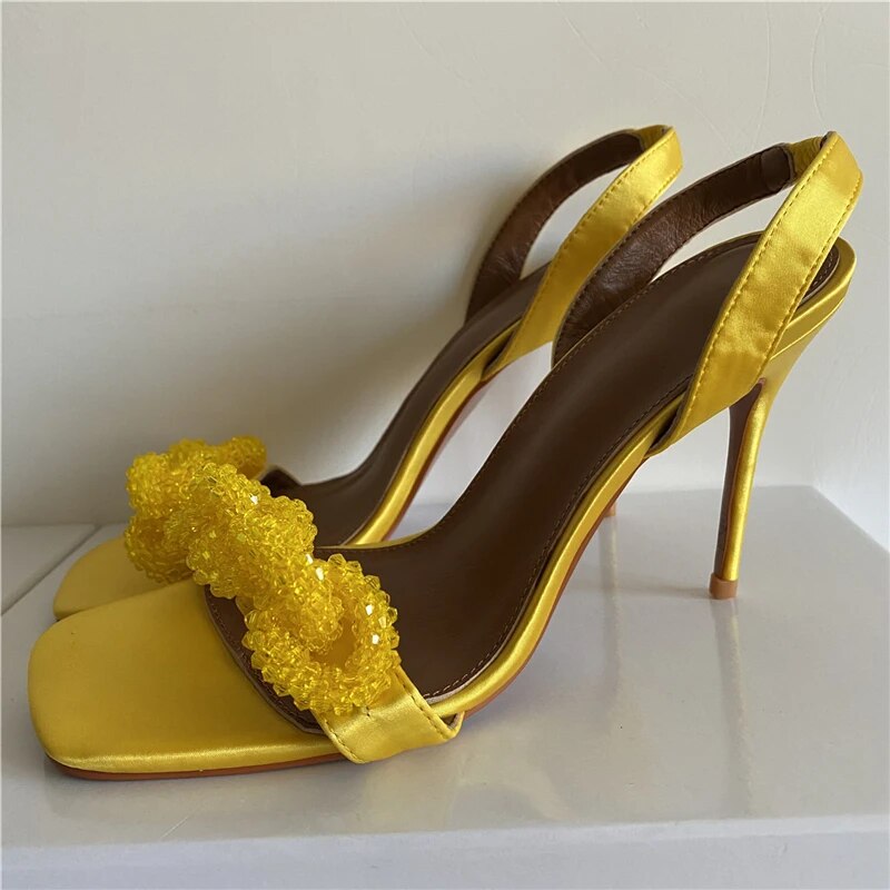 VCSHOES Beads Butterfly-Knot Flower Sandals Women 10cm Stiletto Heel Satin Concise Style Party Shoes